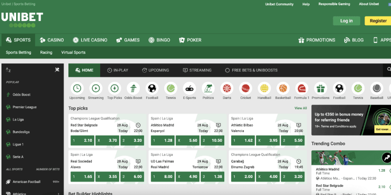 Posnetek zaslona športne strani unibet