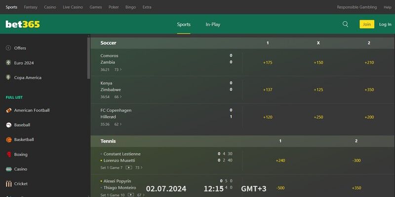 Posnetek zaslona športne strani bet365