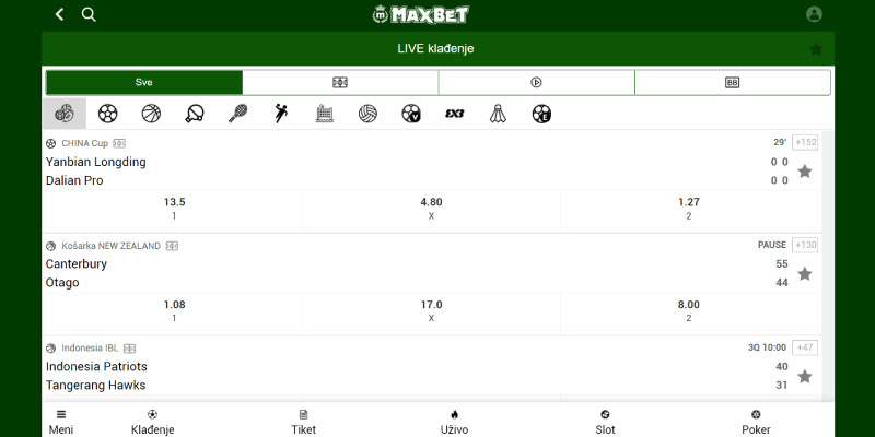 Posnetek zaslona športne strani MaxBet