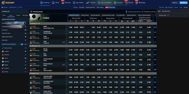 Snimka zaslona sportske stranice Mozzartbet