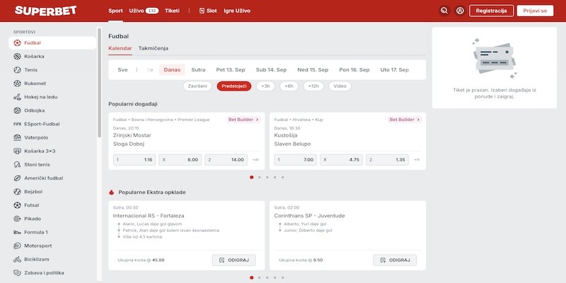 Posnetek zaslona športne strani superttbet