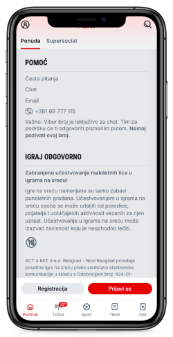 snimak ekrana stranice za podršku